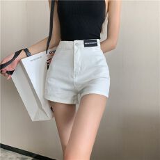 批发薄款ins风弹力短裤女a字包臀打底<b class='q'>紧身</b>直筒贴标黑色高腰牛仔热裤子