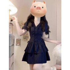 批发法式收腰显瘦系带A字裙蛋糕短裙女花边v领短袖<b class='q'>连衣裙</b>休闲风<b class='q'>格</b>女装