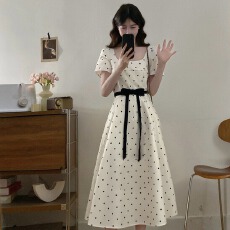 批发<b class='q'>大码</b>胖mm气质波点短袖方领<b class='q'>连衣裙</b><b class='q'>女</b>夏季蝴蝶结法式复古收腰a字裙