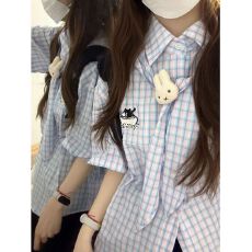批发日系学院风格子短袖<b class='q'>衬衫</b>春季新款设计感Polo领<b class='q'>衬衣</b>外穿爆款上衣服