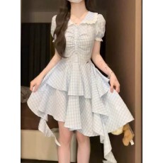 批发蓝色<b class='q'>格</b>纹娃娃领<b class='q'>连衣裙</b>女夏季小个子复古学院风设计感不规则短裙子