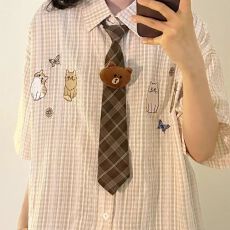 批发美式复古卡通小猫刺绣格子短袖衬衫<b class='q'>女</b>男夏季宽松休闲半袖衬衣外套