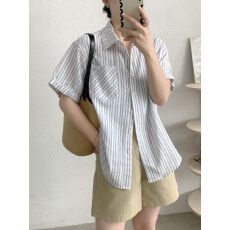批发原版质量2026新款蓝色条纹短袖卷边百搭<b class='q'>女</b>夏季外穿宽松衬衫慵懒风
