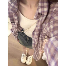 批发紫色格子衬衫外套女<b class='q'>新款</b>早春季防晒叠穿衬衣美式复古长袖上衣