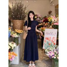 批发圆领正肩<b class='q'>新款</b>短袖显瘦连衣裙女夏季气质修身收腰a字大摆裙长裙子