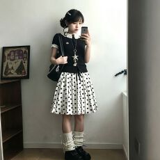批发夏季法式复古学院风穿搭设计感花边袖短袖T恤+波点气质<b class='q'>半身裙</b>套装