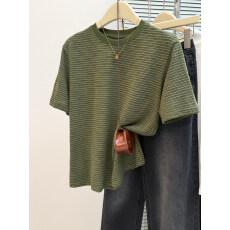 实拍条纹圆领短袖T恤女2026夏季新款宽松显瘦半袖打底衫韩版上衣