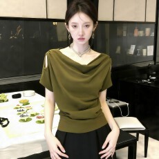 批发莫代尔人棉260克大码荡领露肩<b class='q'>短袖</b><b class='q'>T</b><b class='q'>恤</b>女2026夏季新款独特上衣