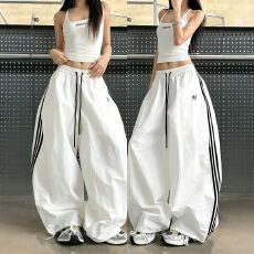 批发超密塔丝隆新款<b class='q'>街头</b>休闲风阔腿裤女宽松侧边条纹松紧腰长裤