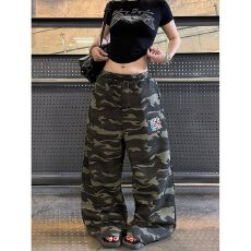 批发纯棉烫金刺绣迷彩刺绣烫金<b class='q'>宽松</b>阔腿休闲裤女街头直筒<b class='q'>运动</b>长裤