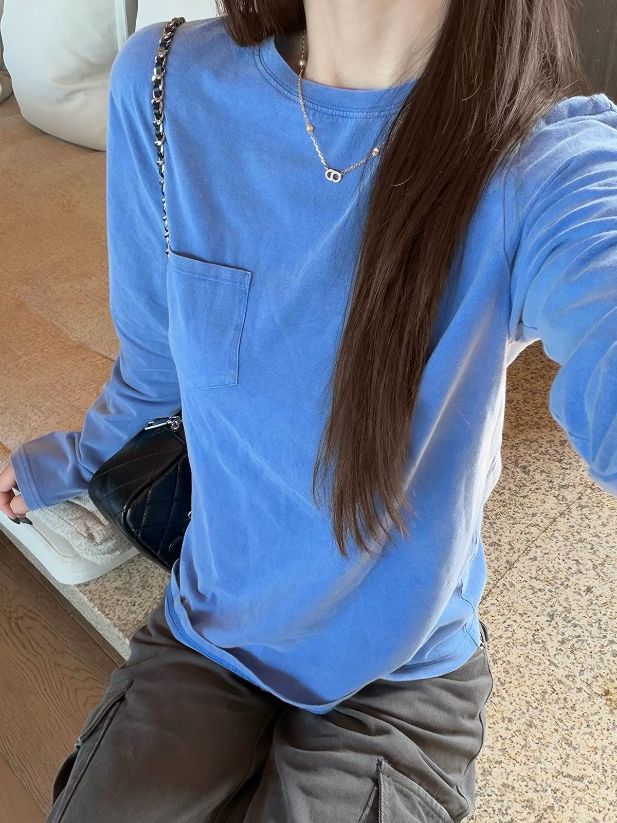 BY32172# 原版洗水工艺+口袋广州蜡染纯棉长袖T恤女 服裝批發女裝批發服飾貨源