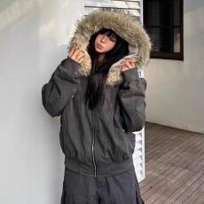 批发派克服短款羽绒棉服女仿兔毛大毛领连帽棉衣2025冬外套美式复古