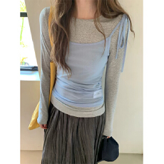 批发260克人棉+40D网布+秋季新款长袖t恤韩系穿搭灰色上衣两件套