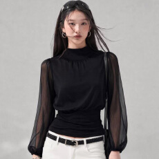 批发实价 人棉260克 法式秋冬高领灯笼袖显瘦拼接上衣女<b class='q'>长袖</b><b class='q'>衬衫</b>