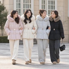 批发大毛领收腰羽绒棉服女棉衣秋冬季新款腰带显瘦连帽加厚保暖外套潮