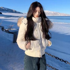 批发网红尹千金同款芬兰雪境纯色连帽大毛领棉袄学生外套羽绒棉服棉衣