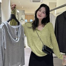 官图实价 原版彩棉羊绒 秋韩系连帽上衣女休闲针织半开襟长袖罩衫