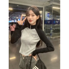 批发美式修身撞色高领拉链卫衣外套女春秋设计感小众辣妹高腰短款上衣