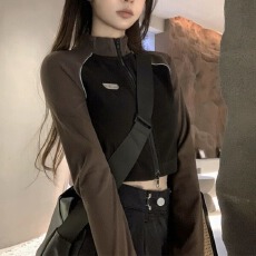 批发复古撞色长袖拉链外套女春季2026新款短款显瘦设计感辣妹高腰上衣