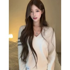 批发韩系拼接白色三条杠v领针织毛衣女秋季宽松薄款设计感慵懒上衣潮
