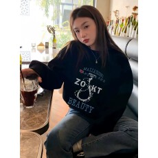 批发华棉复合印花圆领卫衣女，薄款+加绒