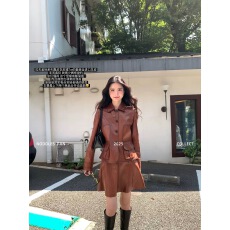 批发TOROON 拉夫同款紫标复古收腰<b class='q'>真皮</b><b class='q'>皮衣</b>外套高腰a字皮裙两件套装