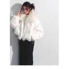 批发RECOIN R1C白色大毛领小个子连帽面包羽绒服女冬季短款派克服外套