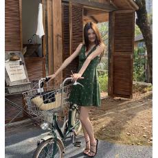 批发【暮时花期】春日花园斜裁工艺修身<b class='q'>显瘦</b>深V碎花连衣裙