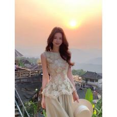 批发木子李的李高级温柔感立体蕾丝花朵外穿网纱背心无袖圆领<b class='q'>上衣</b>女夏