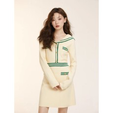 批发小香风针织裙2026春季新款气质学院风海军领条纹长袖针织连衣裙女