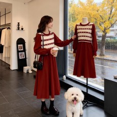 批发法式圣诞拼接假两件<b class='q'>连衣裙</b>女2025秋冬新款高级感收腰显瘦时尚长裙