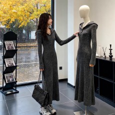 批发法式温柔风连帽<b class='q'>长袖</b>针织<b class='q'>连衣裙</b>女2025秋冬季修身显瘦气质毛衣长裙