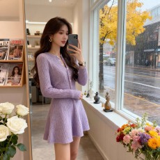 批发温柔风紫色V领针织<b class='q'>连衣裙</b>女2025秋冬新款设计感收腰A<b class='q'>字</b>短裙小个子