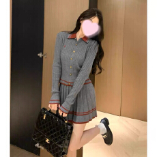 批发小香风<b class='q'>套装</b>女韩系灰色翻领<b class='q'>条纹</b>针织开衫百褶半身裙秋季穿搭一整套