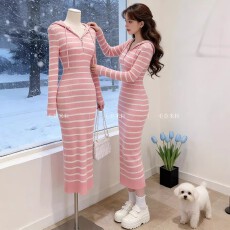 批发2025年纯欲风粉色<b class='q'>条纹</b>针织连衣<b class='q'>裙</b>女秋季别致显瘦新款包臀<b class='q'>裙</b>长<b class='q'>裙</b>