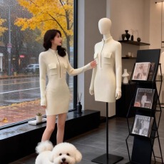 批发<b class='q'>白色</b>裙子修身包臀御姐秋冬短裙女2026新款长袖打底内搭针织连衣裙