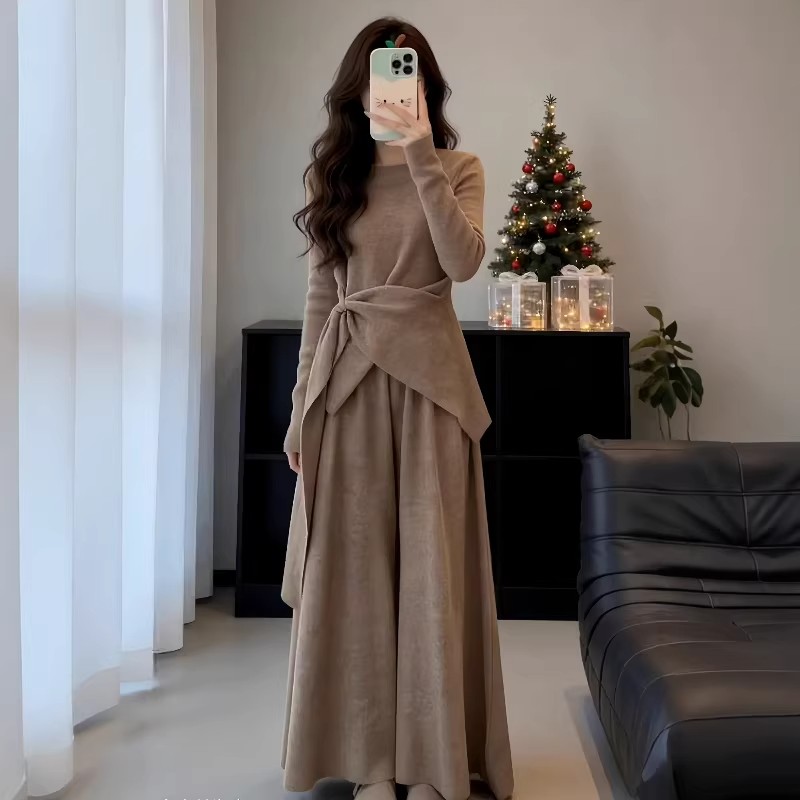 MY17665# 大码韩系一整套深冬穿搭女微胖mm不规则绑带针织上衣裙裤毛...