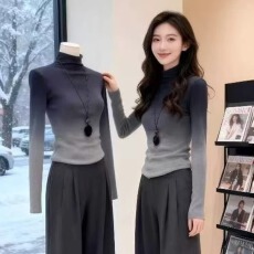 批发软糯羊绒堆堆高领针织衫<b class='q'>女</b>春季新款晕染渐变色内搭打底衫显瘦上衣