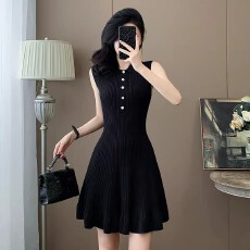 批发法式千金风针织连衣裙女2026夏季新款设计感小个子收腰显瘦小黑裙