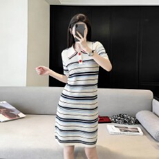 批发夏装新款休闲法式宽松版POLO领条纹短袖针织连衣裙直筒宽松T恤裙