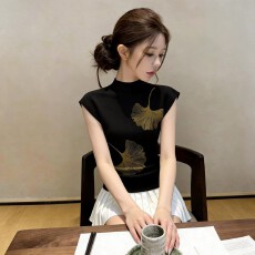 批发时髦设计感半高领短袖针织衫女<b class='q'>夏季</b>内搭印花百搭体恤独特别致上衣