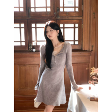 批发夏诗文 拼接<b class='q'>撞色</b>蕾丝假两件优雅复古收腰<b class='q'>连衣裙</b>女