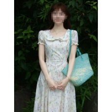 批发【画兰玉骨】<b class='q'>娃娃</b>领 收腰 小泡泡袖 美静花色<b class='q'>连衣裙</b>