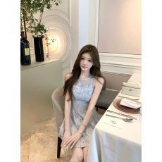 批发【Q女家 】蓝羽花蕾/千金感蕾丝花边网纱收腰无袖<b class='q'>连衣裙</b>
