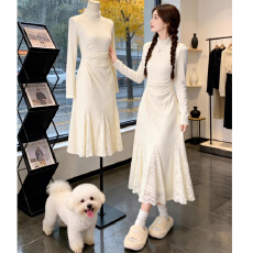 批发法式蕾丝半高领内搭针织长袖连衣裙女春秋冬季<b class='q'>气质</b>收腰鱼尾长裙子