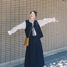 批发秋装搭配一整套韩系穿搭波点<b class='q'>雪纺</b>衬衫叠穿牛仔马甲半身裙三件套装