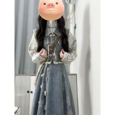 批发新中式国风套<b class='q'>装</b>女秋季2025新款牛仔马甲叠穿条纹<b class='q'>衬衫</b>半身裙三件套
