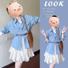 批发春季洋气时尚穿搭女2026新款韩版通勤<b class='q'>牛仔</b>外套吊带连衣裙两件套装