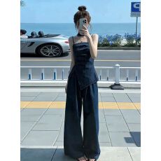 批发港风复古不规则褶皱吊带上衣高腰阔腿裤两件套女夏季时尚<b class='q'>牛仔</b>套装