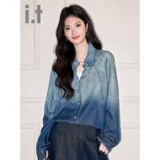 批发保暖复古渐变牛仔衬衫女春<b class='q'>秋</b>宽松显瘦设计感小众上衣服外穿叠穿女